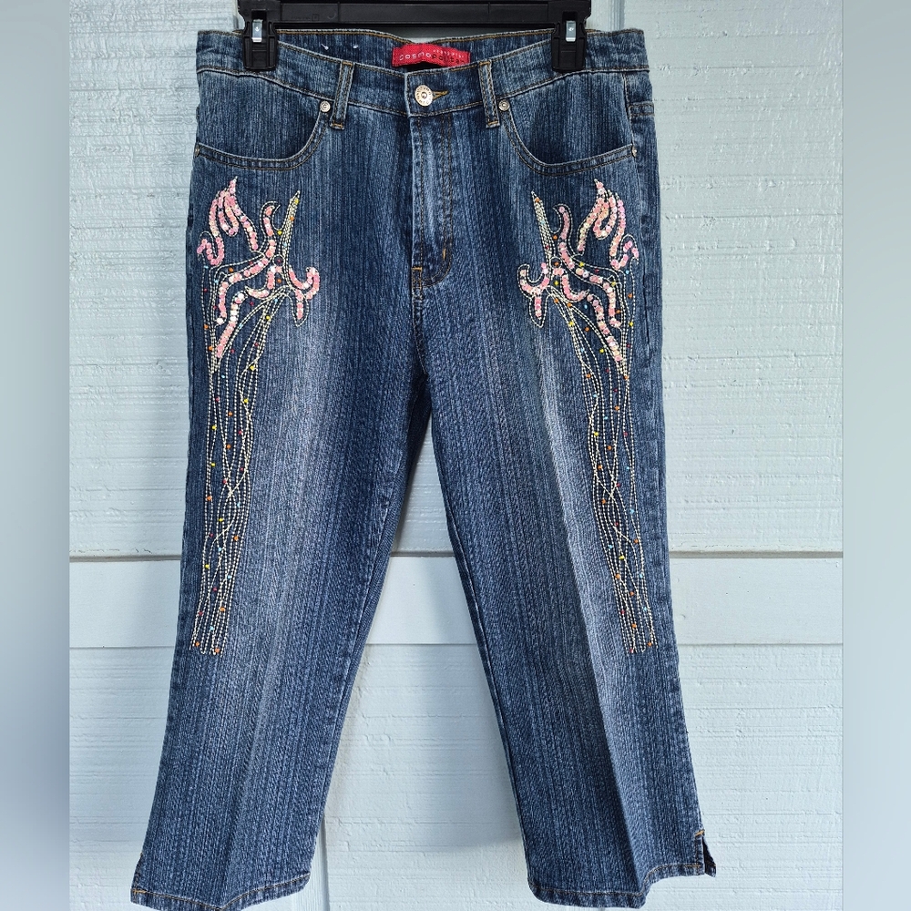 Cosmopolitan Jeanswear Blue Cropped Capri Jeans with Pink Embellishments 10 VTG